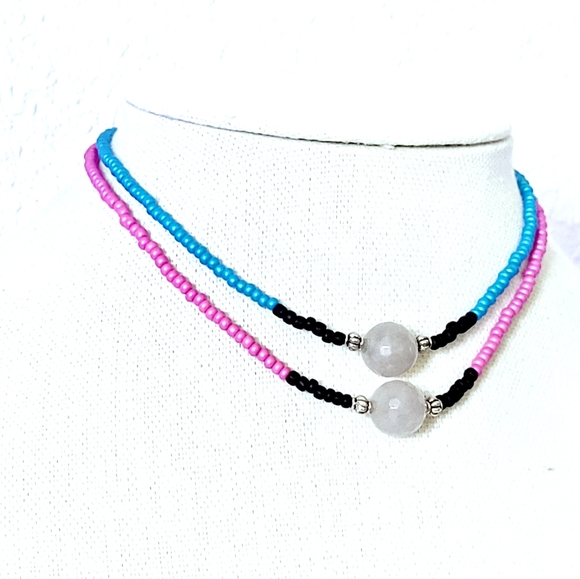 Adjustable 2 strand seed bead & quartz beaded choker necklace, 13" - 17" - Picture 6 of 8